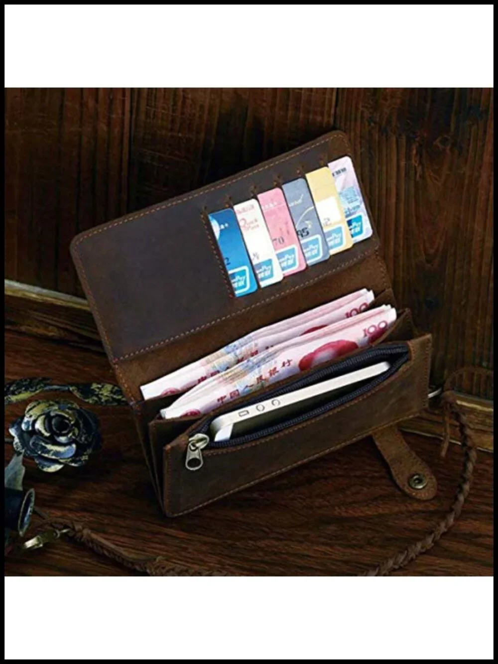 Mens Genuine Leather Bifold Wallet Organizer Checkbook Removable Chain Wallet